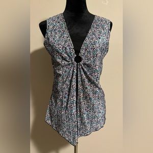 EUC Brittany Black Blue and Purple Floral Sleeveless Blouse size small